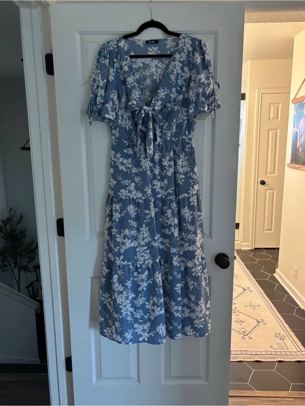 Blue Floral Tie-Front Midi Dress